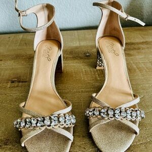 Badgley Mischka Giona Gold Heels with Crystal Embellishments